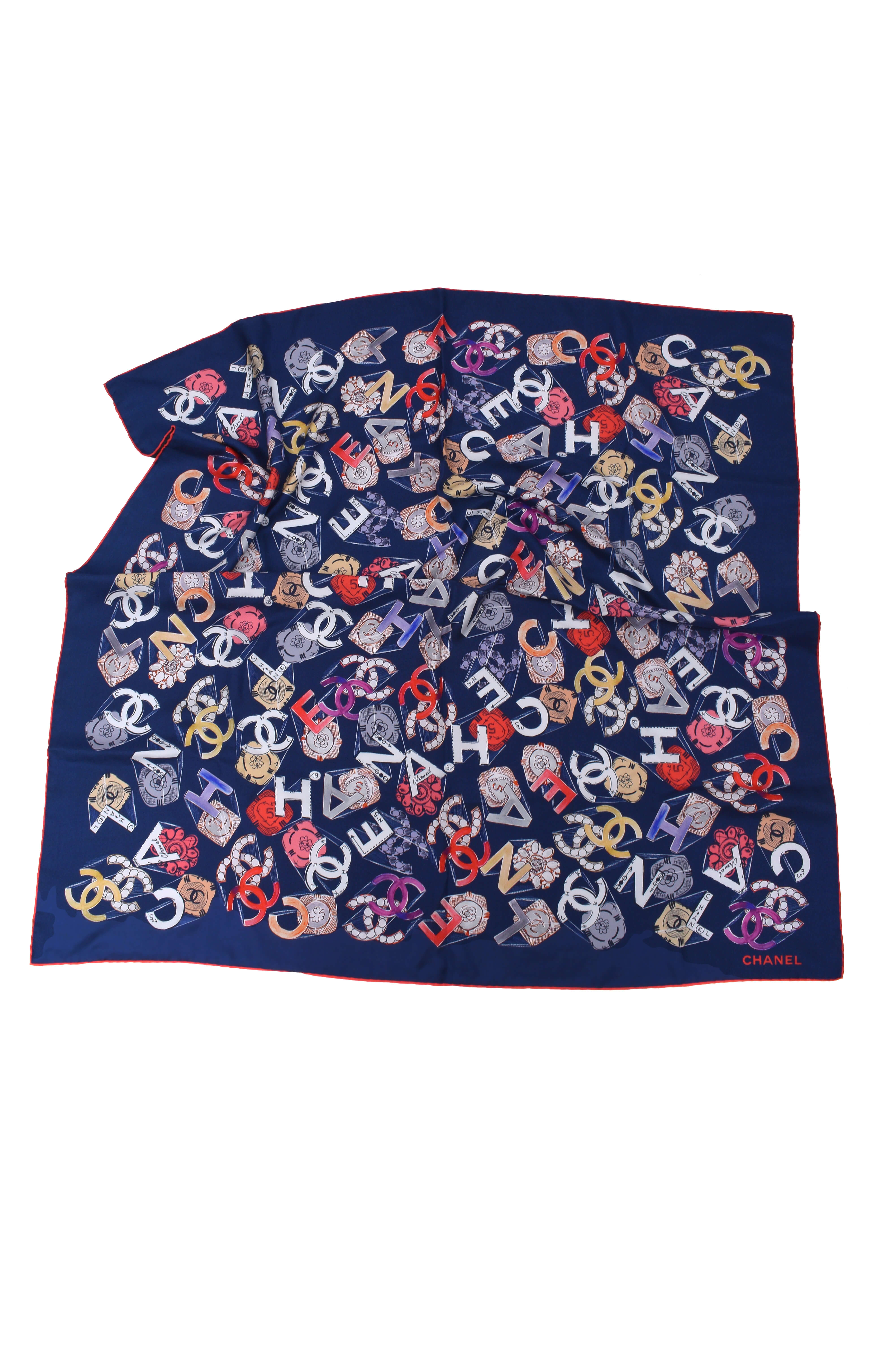 Chanel - Navy Blue Camellia & CC Silk Scarf 90*90